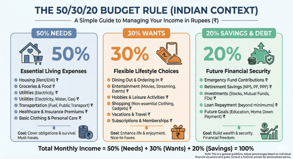 50 30 20 budget rule explained for ₹50,000 monthly salary in India
