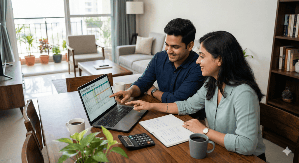 एक कपल लैपटॉप पर monthly budget spreadsheet देखकर income और expenses की planning कर रहा है