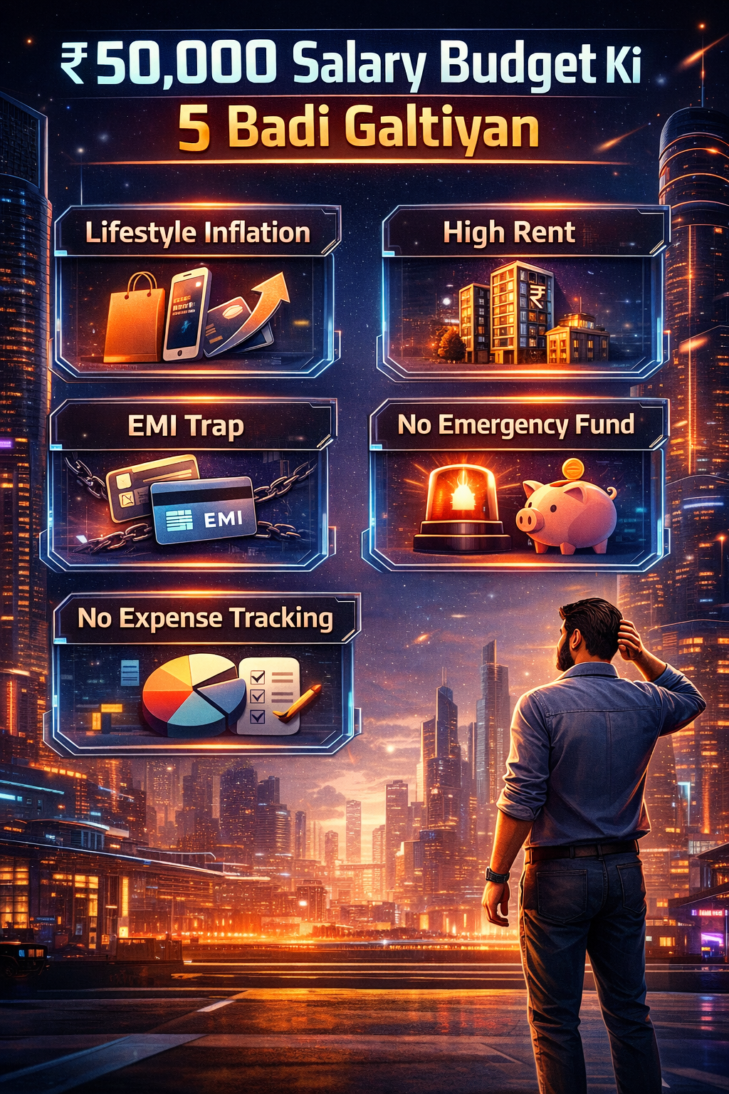 ₹50,000 सैलरी बजट प्लानिंग की 5 बड़ी गलतियाँ दिखाती हुई futuristic finance infographic