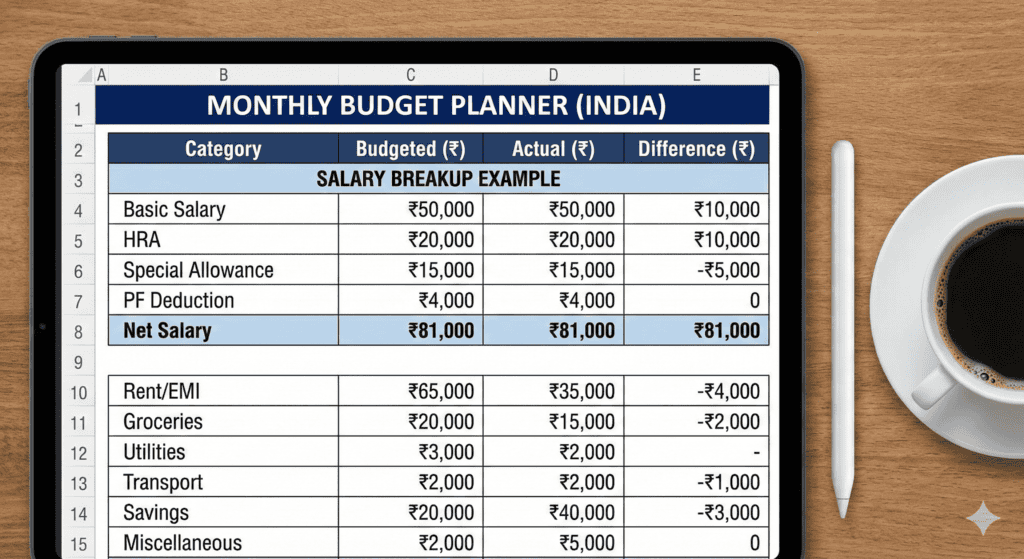 Sample monthly budget table for ₹50,000 salary in India