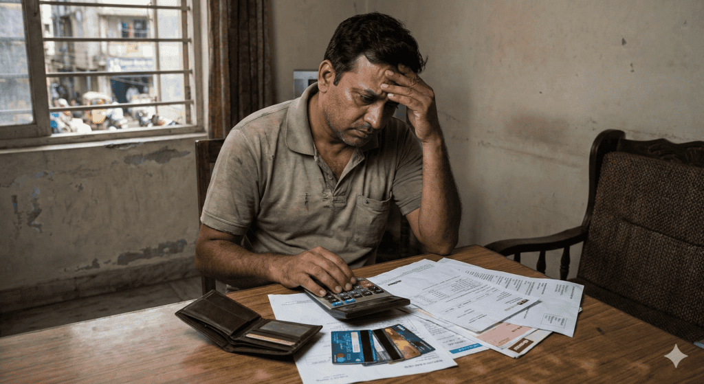 एक व्यक्ति टेबल पर बिल और कैलकुलेटर के साथ खर्चों का हिसाब करते हुए आर्थिक तनाव महसूस कर रहा है
