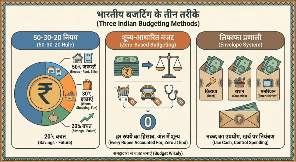 भारतीय बजटिंग के तीन तरीके: 50-30-20 नियम, शून्य-आधारित बजट (Zero-Based Budgeting) और लिफाफा प्रणाली (Envelope System)
