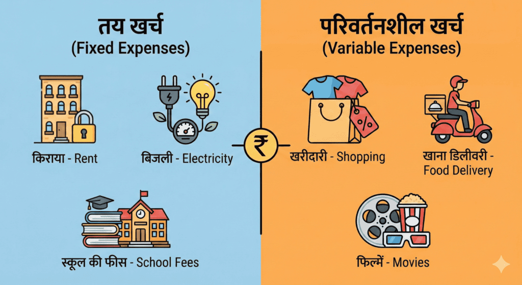 तय खर्च और परिवर्तनशील खर्च का उदाहरण: किराया, बिजली, स्कूल फीस बनाम शॉपिंग, फूड डिलीवरी और फिल्में