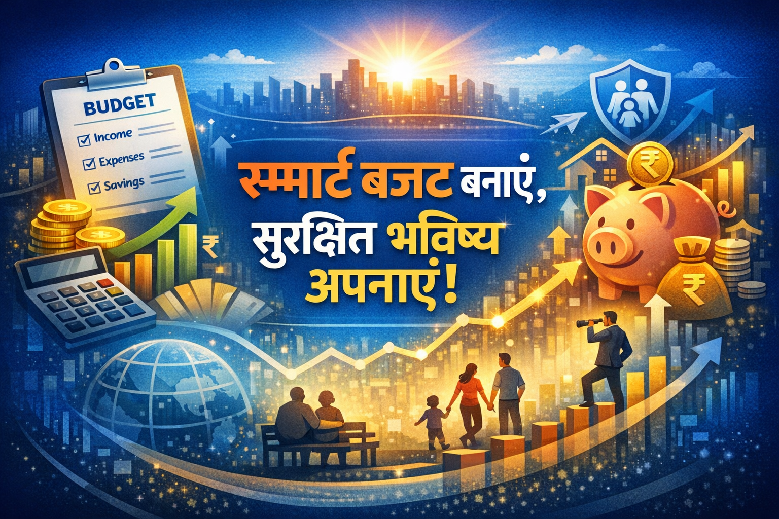 Monthly budget planning illustration in Hindi showing budget sheet, calculator, piggy bank and family financial growth