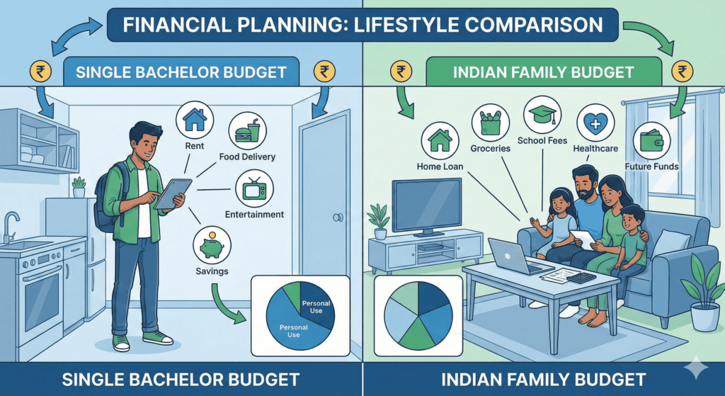 Comparison of bachelor and family budget for ₹50,000 salary in India