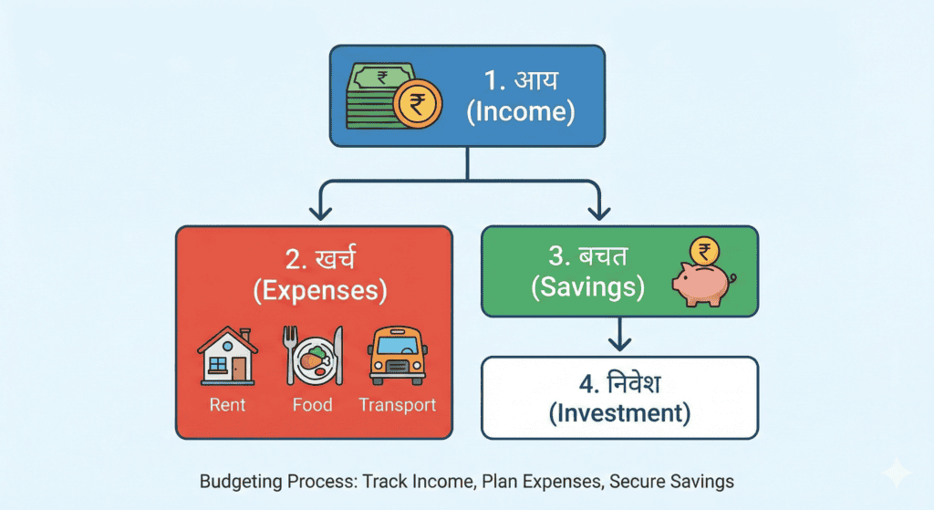 Budgeting process का flowchart: आय (Income) से खर्च (Expenses), बचत (Savings) और निवेश (Investment) तक का आसान तरीका