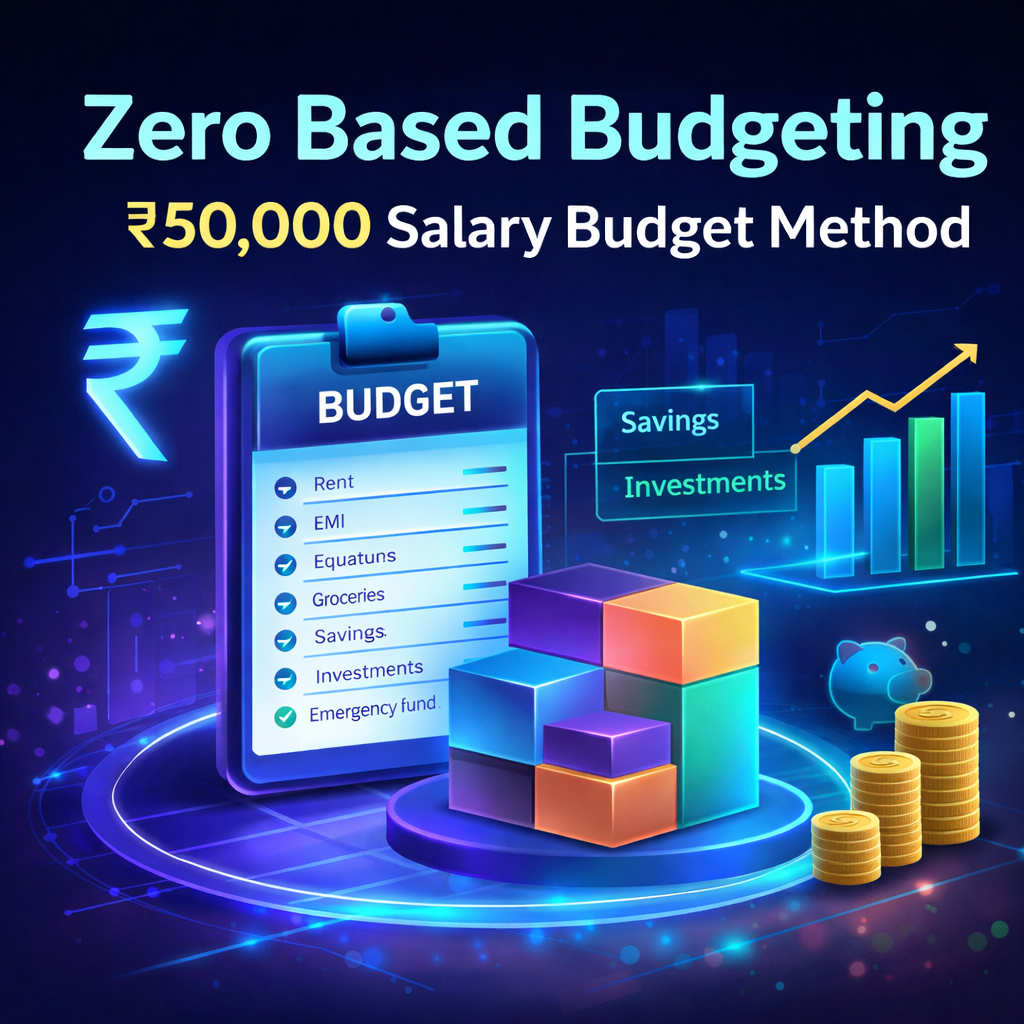Zero Based Budgeting को ₹50,000 salary budget method के रूप में दिखाती futuristic finance infographic