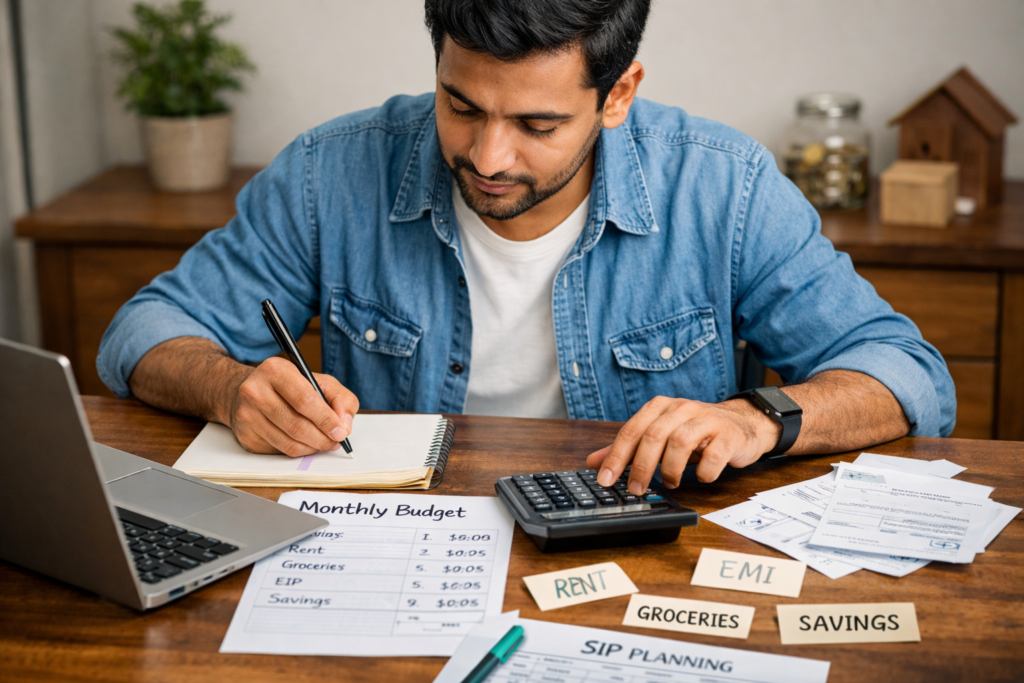 Zero Based Budgeting: ₹50,000 Salary Me Budget Ka Best Tarika Indian man planning monthly budget for ₹50,000 salary with calculator bills SIP and savings sheet