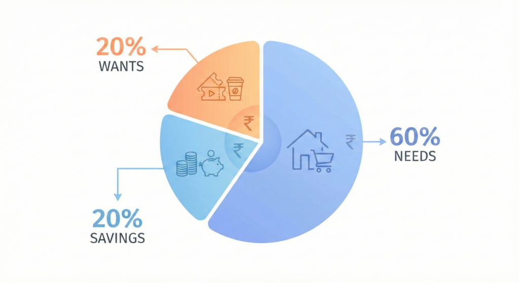 60-20-20 rule India saving plan pie chart breakdown