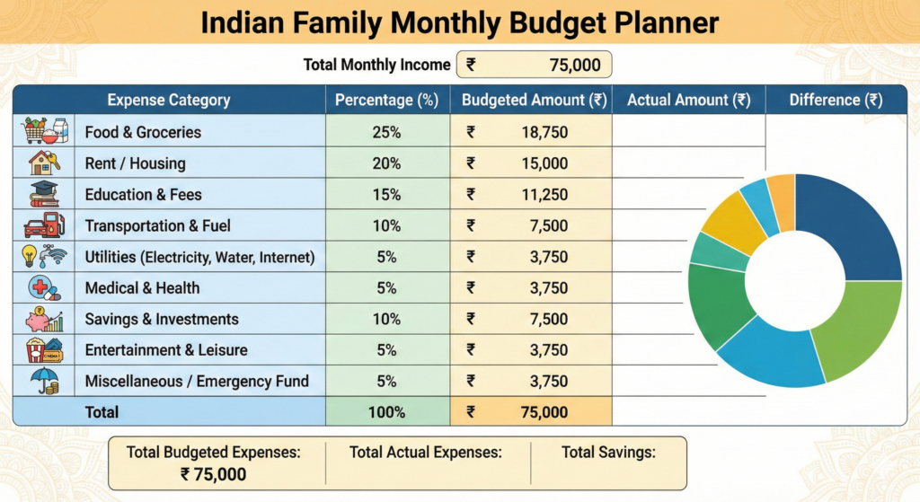 Family Budget Planner Indian household example chart