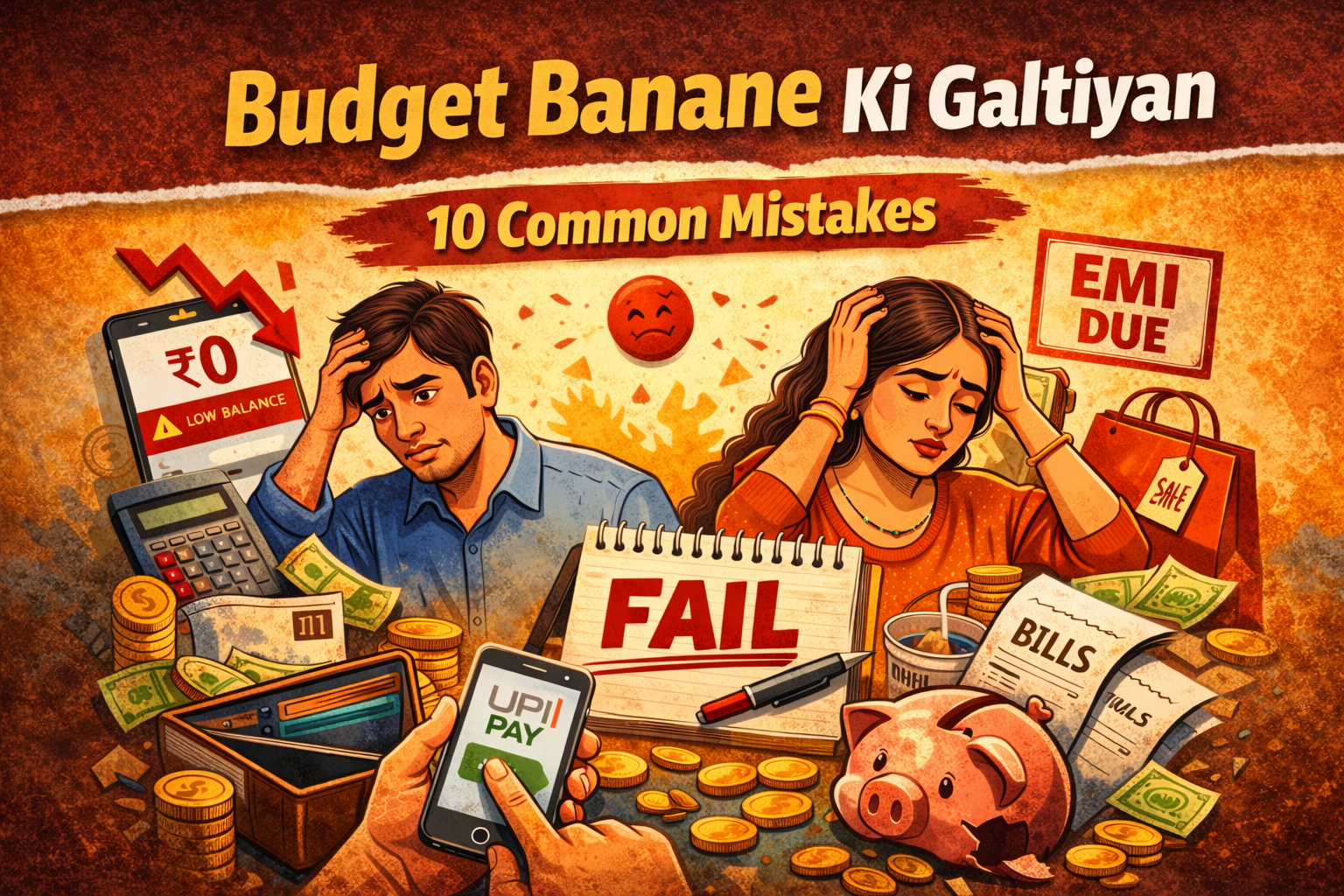 Budget banane ki galtiyan illustration showing Indian couple facing money problems, EMI due, UPI spending and budgeting mistakes