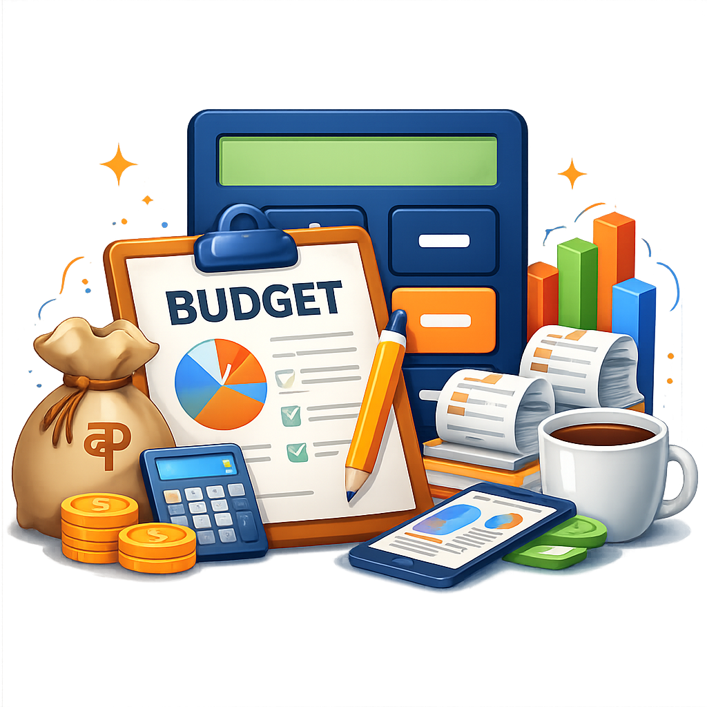 Budgeting financial tools illustration with calculator clipboard coins and mobile transparent background
