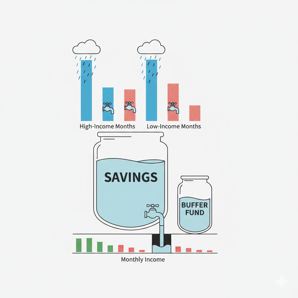 Buffer fund strategy for freelancers showing high income months saving and low income months support