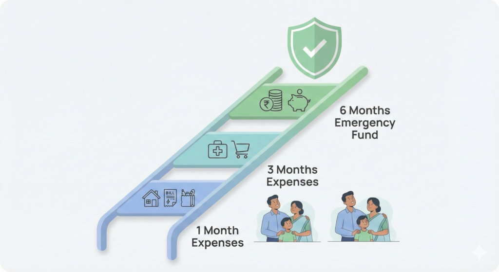 emergency fund amount kitna hona chahiye ladder 1 to 6 months expenses