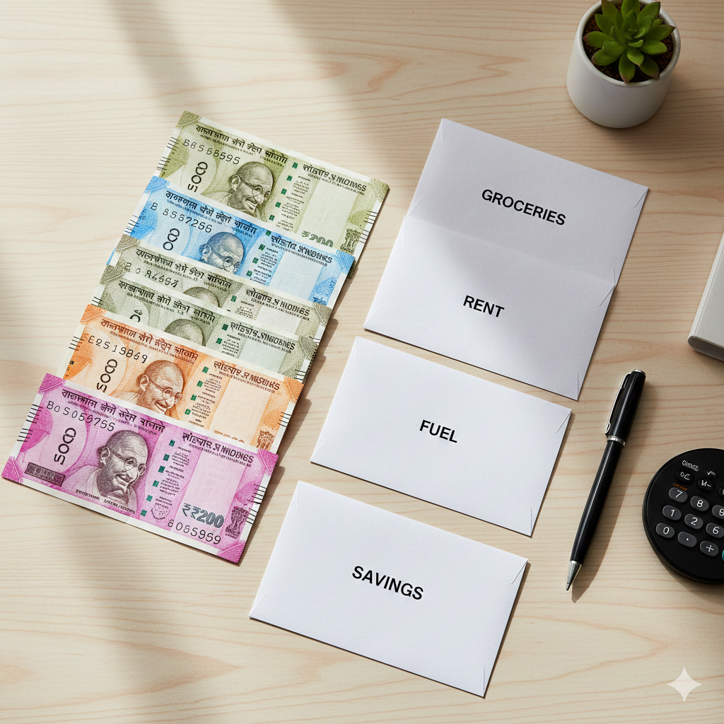 Envelope budget system using cash envelopes for monthly spending categories in India