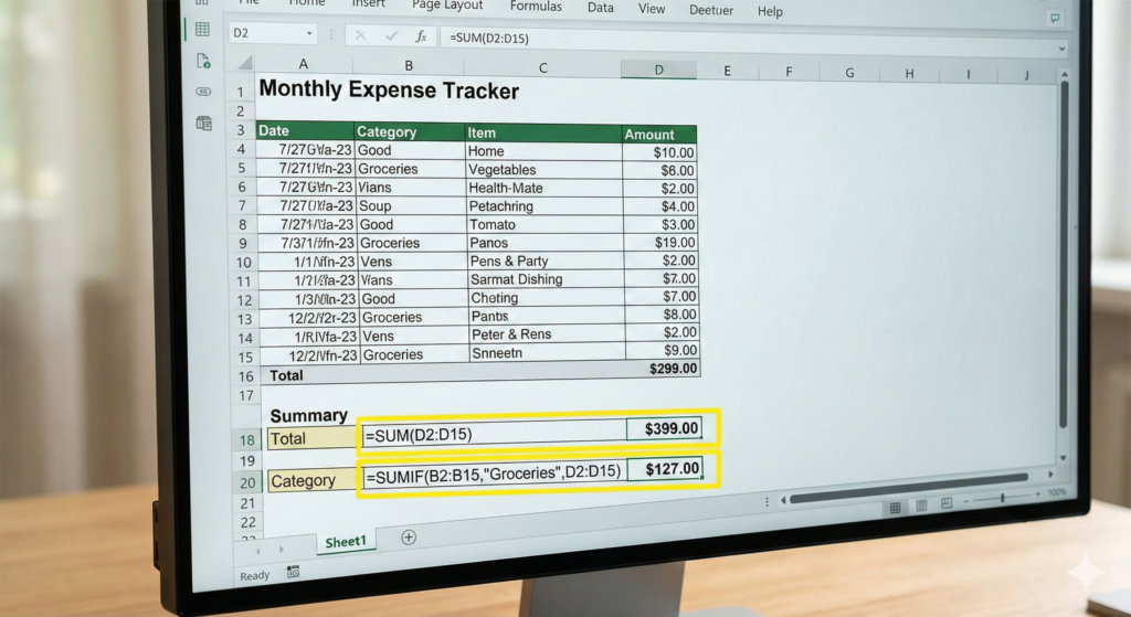 Excel budget formula SUM and SUMIF calculation example