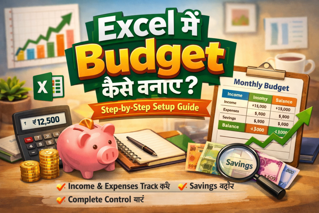 Excel में Monthly Budget Sheet कैसे बनाएं – Step-by-Step Beginner Guide Excel में Budget कैसे बनाए guide image जिसमें monthly budget sheet, savings, calculator, piggy bank और expense tracking elements दिख रहे हैं