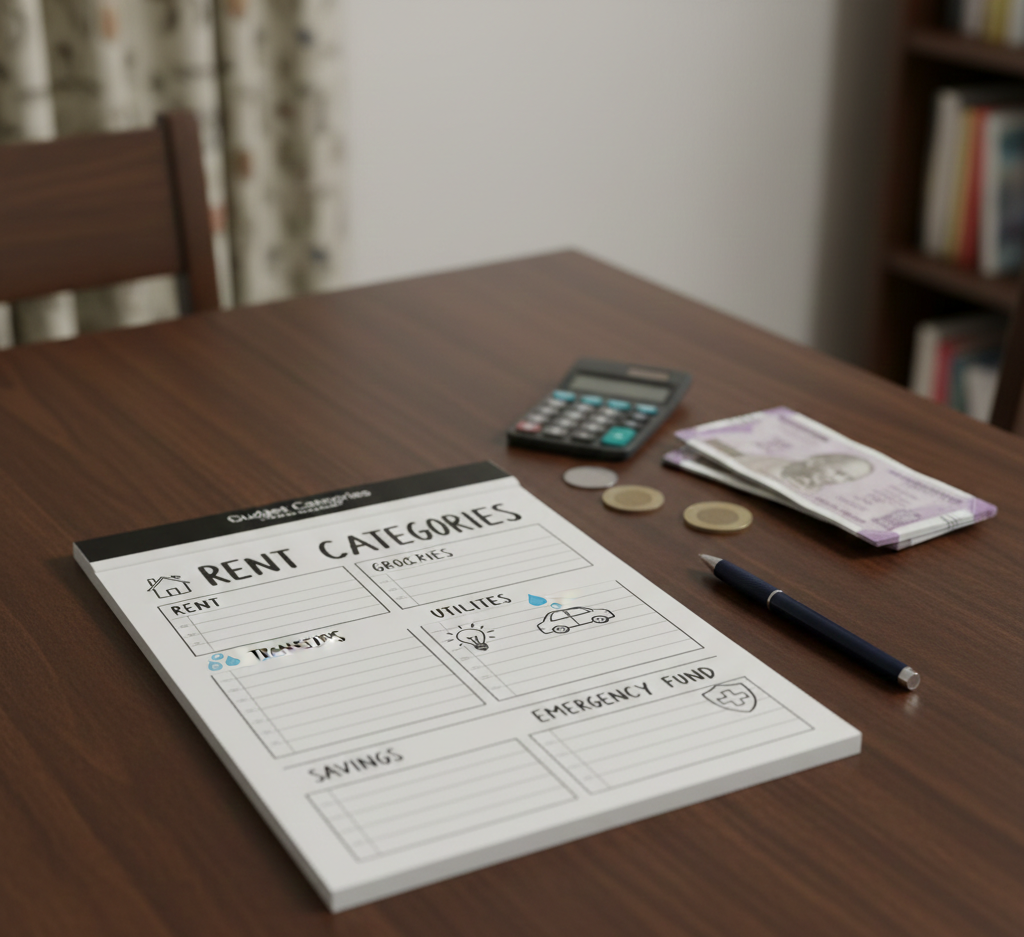 Budget planner showing family expense categories like rent grocery utilities savings and emergency fund