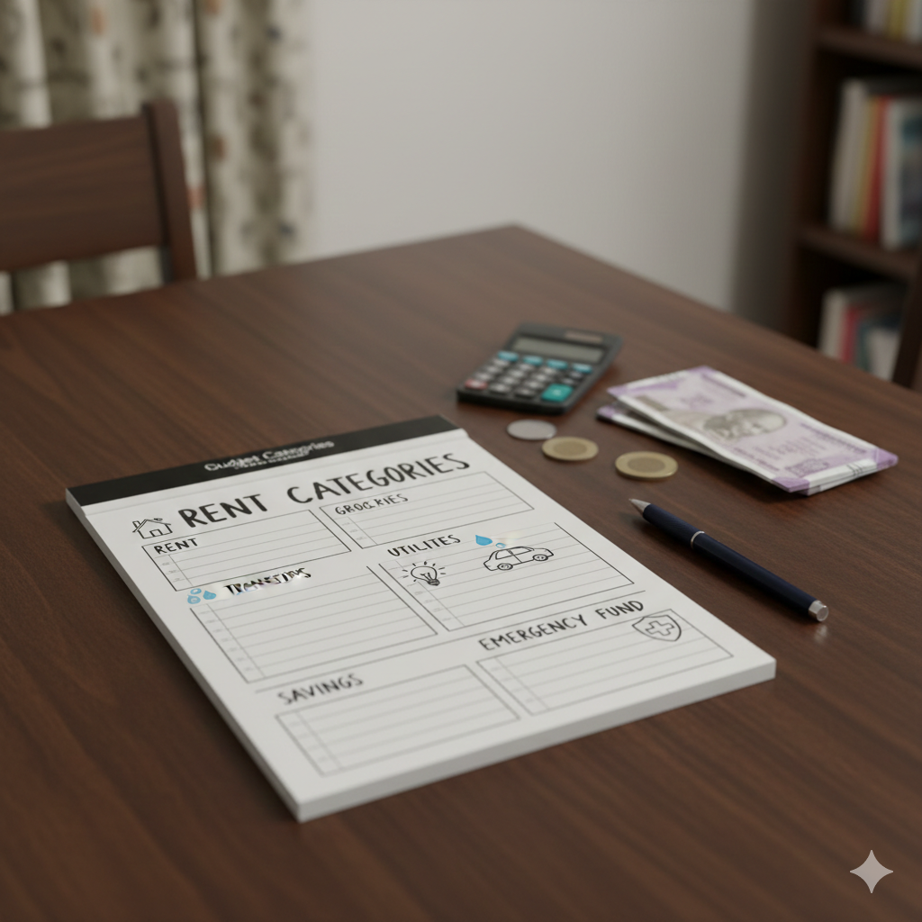 Budget planner showing family expense categories like rent grocery utilities savings and emergency fund