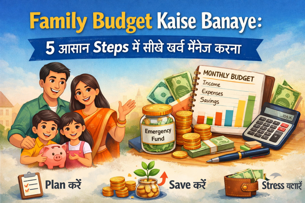 Family Budget Planner Guide के लिए भारतीय परिवार, monthly budget notebook, calculator, emergency fund और savings planning illustration