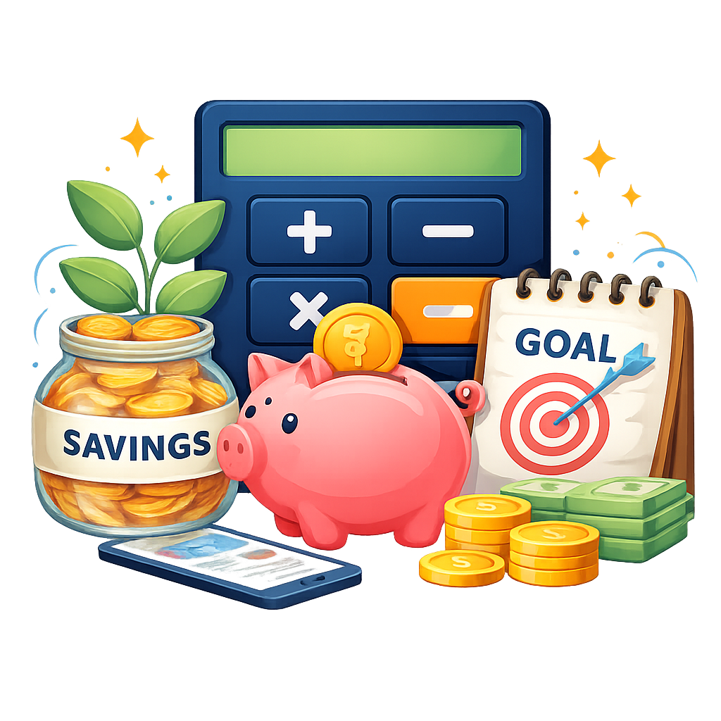 financial calculator with savings jar, piggy bank, coins and investment goal illustration for personal finance tools
