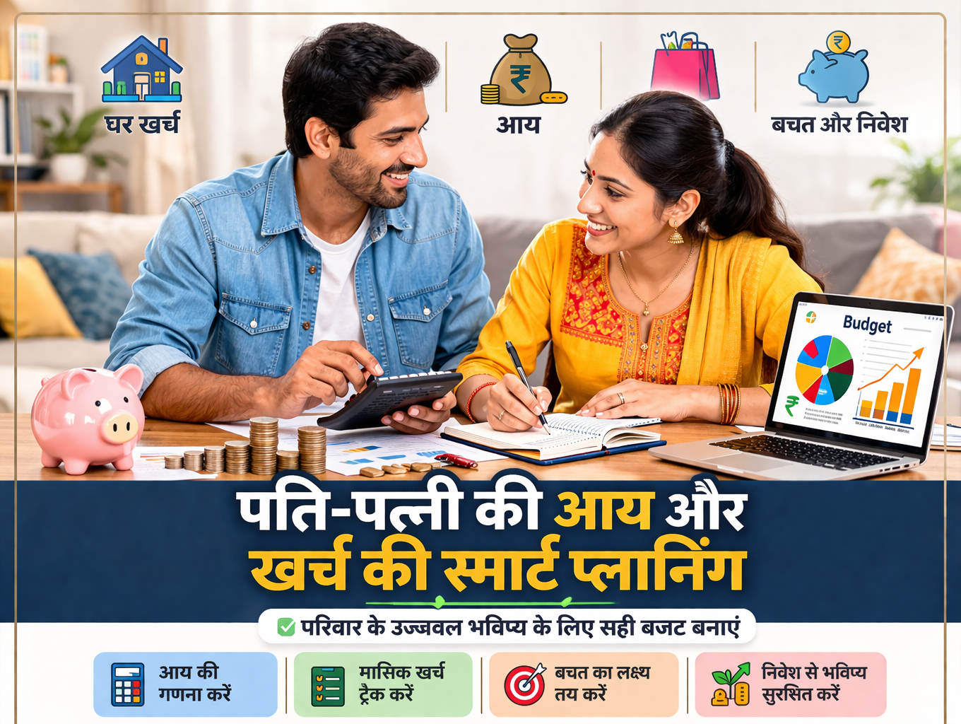 Husband and wife planning household income, expenses and savings for family budgeting in India