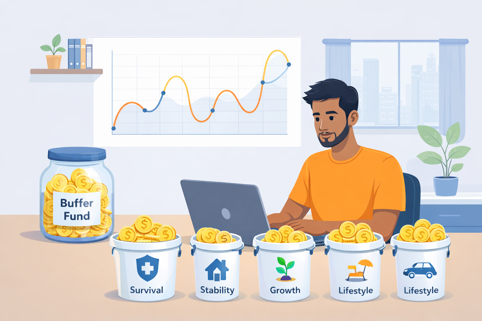 Irregular income me budget planning ka hero image for freelancers and business owners with buffer fund concept