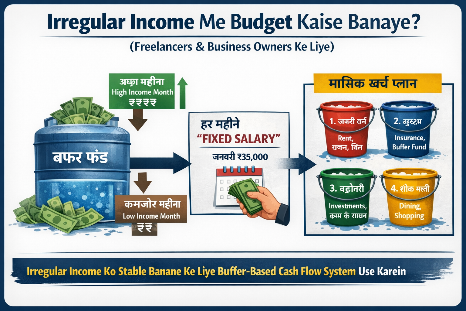 Irregular income budgeting system for freelancers and business owners showing buffer fund and monthly cash flow planning