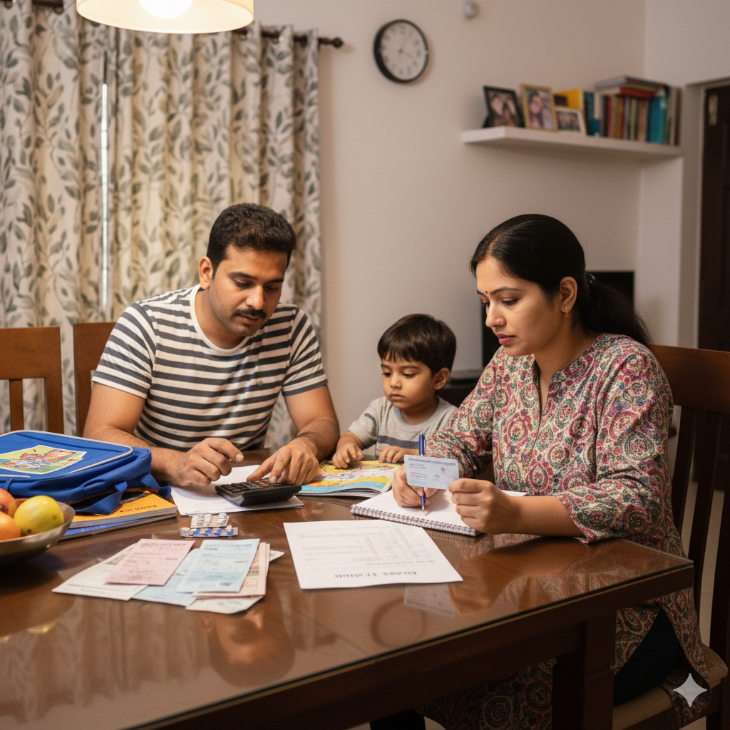 Indian parents planning kids education budget and medical expenses with documents