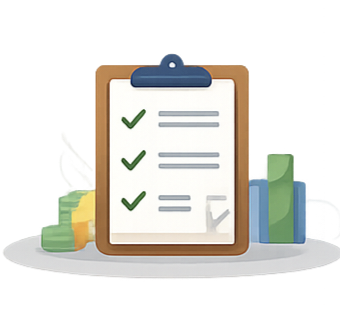3D clipboard checklist icon with green check marks, cash bundles and financial bars for monthly budget planning in India