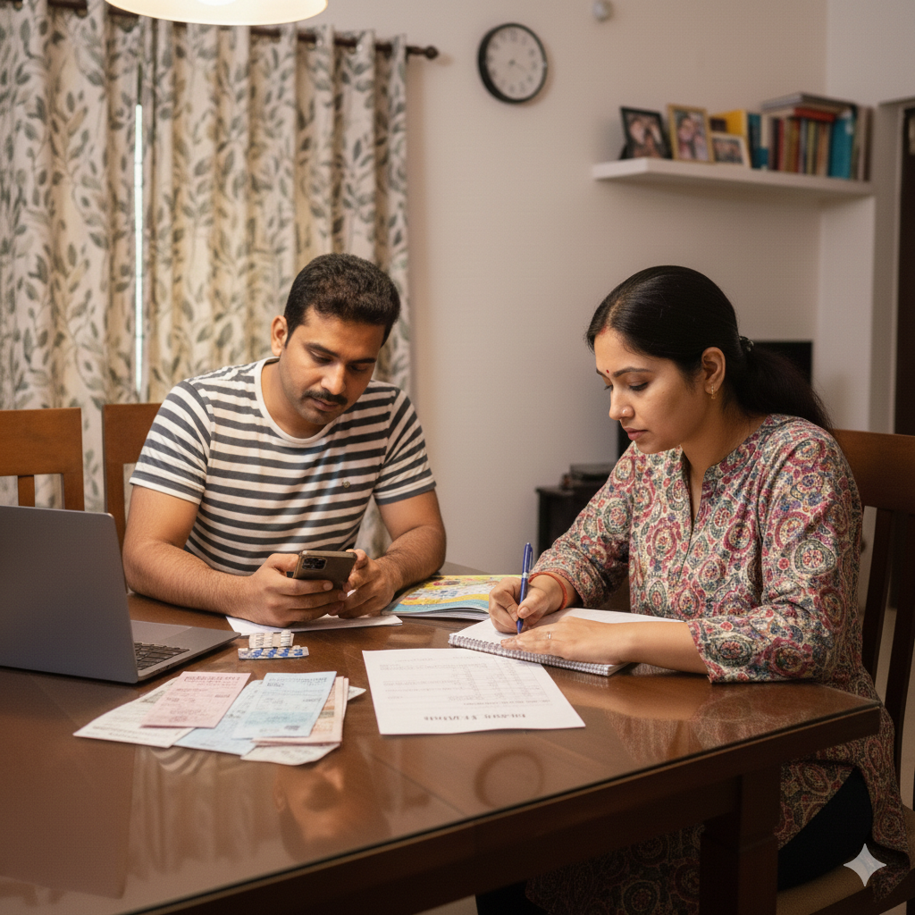 Indian couple reviewing budget vs actual expenses for monthly family budget review