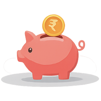 3D pink piggy bank with Indian rupee coin on top representing savings and financial planning