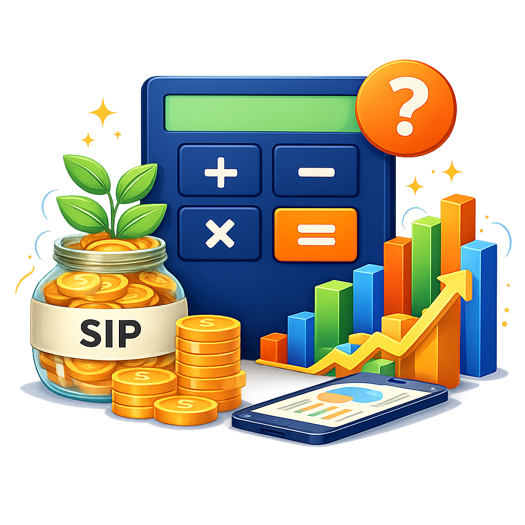 SIP calculator icon showing systematic investment plan savings, calculator, coins and growth chart transparent background