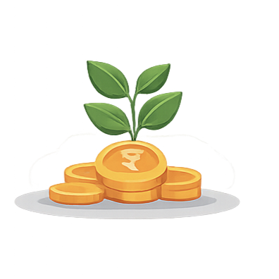 Stack of gold coins with Indian rupee symbol and green plant growing on top representing wealth growth and investment