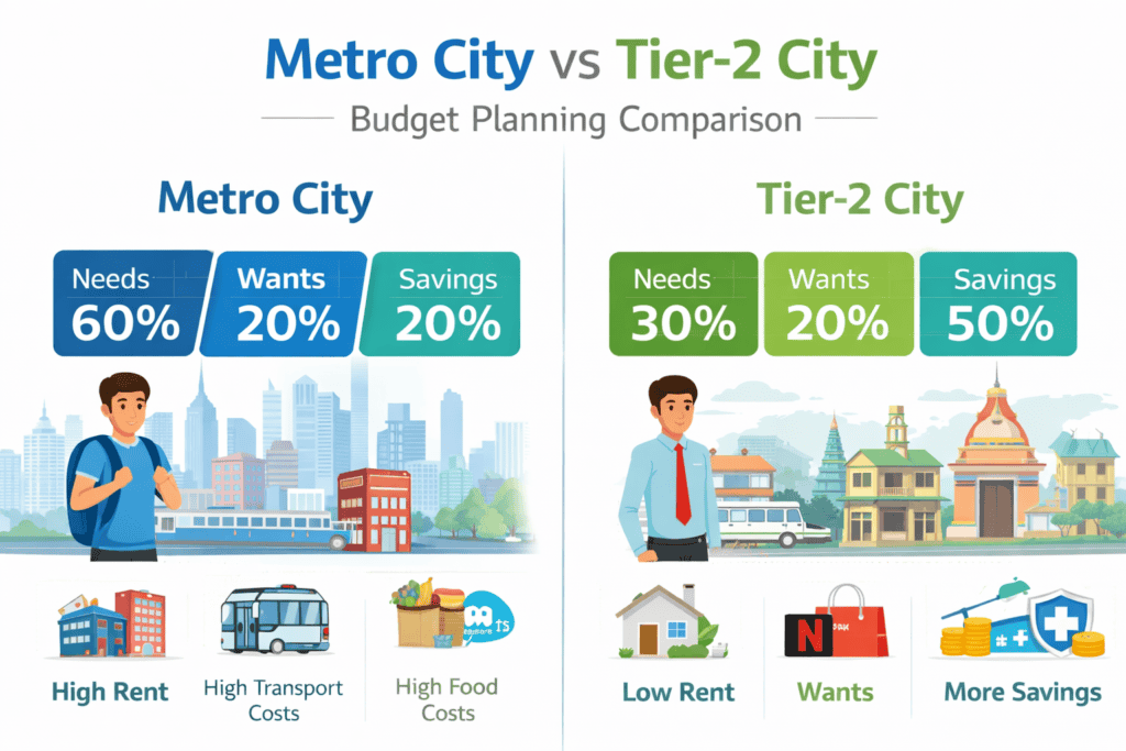 metro city vs tier 2 city budget planning infographic India