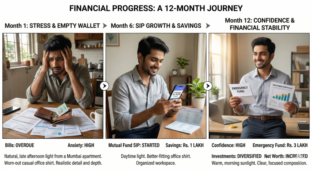 12 month financial progress with salary savings and SIP