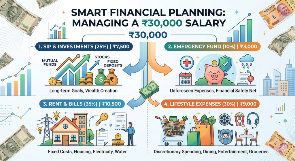 30000 salary budget split into savings expenses and investments