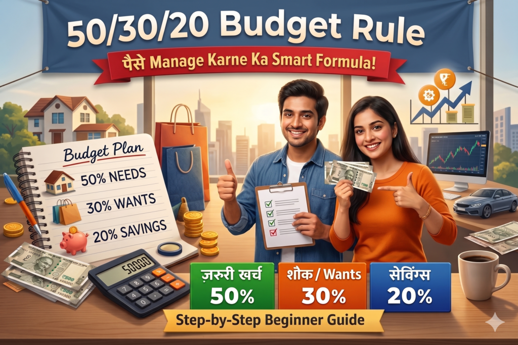 50/30/20 budget rule India Hindi guide with 50 percent needs, 30 percent wants and 20 percent savings breakdown for salary budgeting