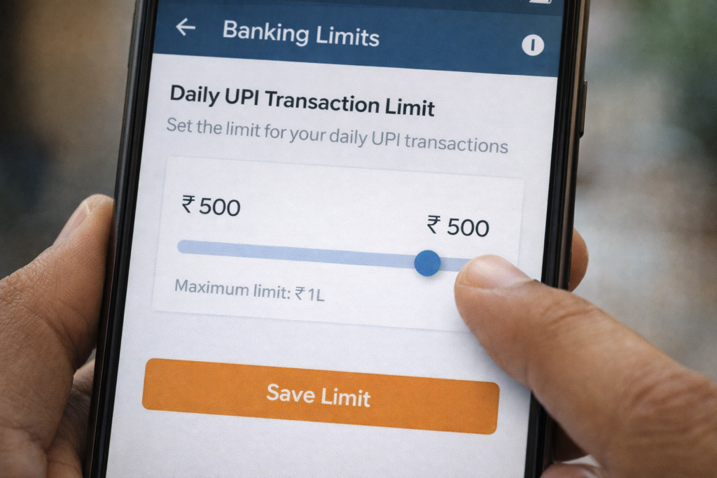 Smartphone banking app showing daily UPI transaction limit setting option
