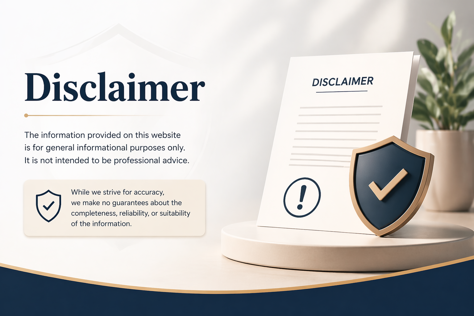 Disclaimer page hero banner with document, shield icon and legal notice illustration in blue and white theme