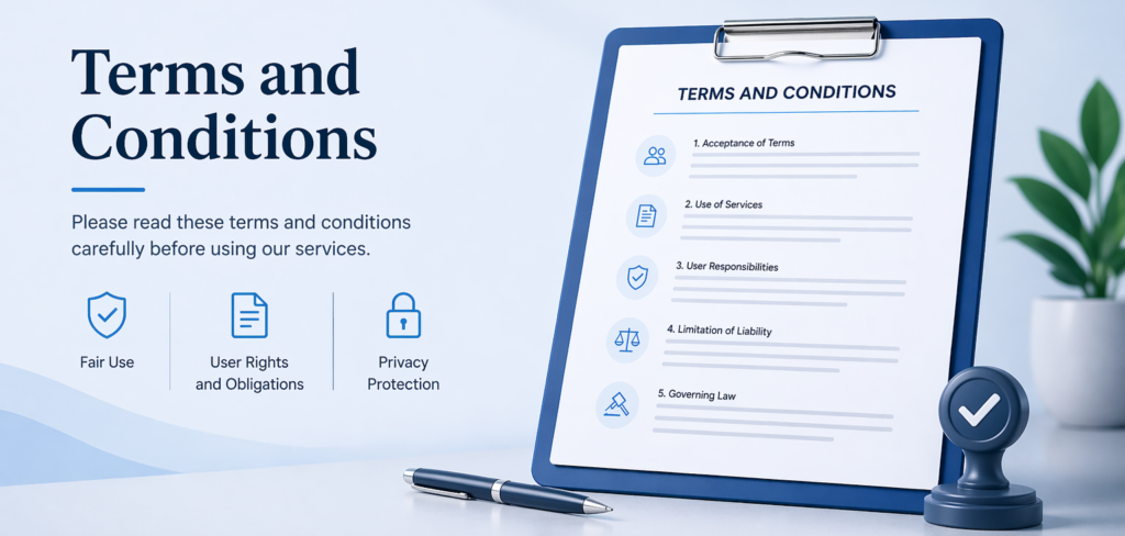 Terms and Conditions hero banner with legal document clipboard, privacy icons, and blue finance-themed background