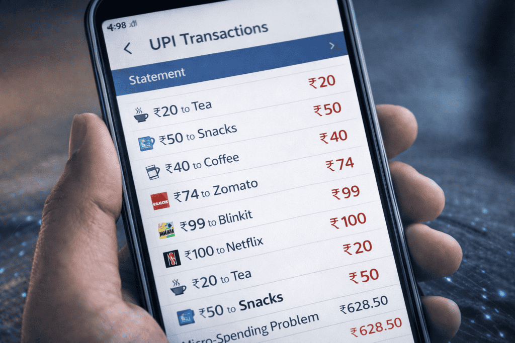 Smartphone showing multiple small UPI payments like tea snacks coffee Zomato Blinkit and Netflix