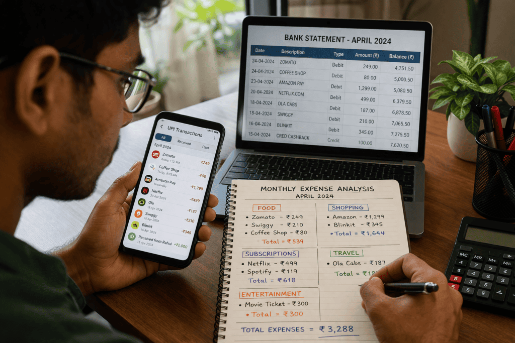 Indian user checking UPI statement and categorizing expenses into food shopping subscriptions and travel
