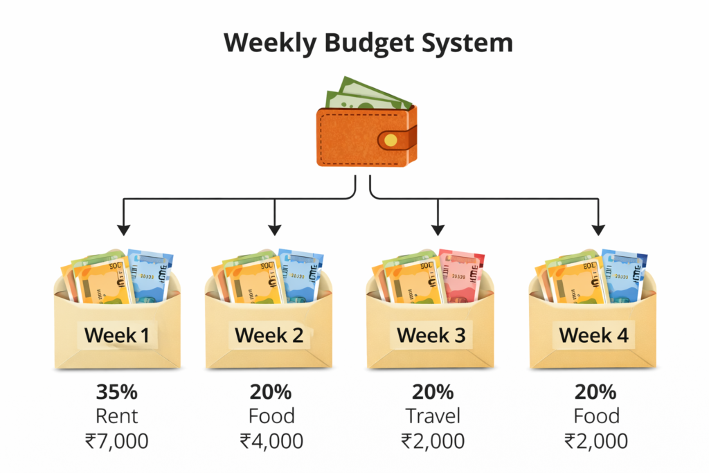 Weekly spending system for low salary budgeting