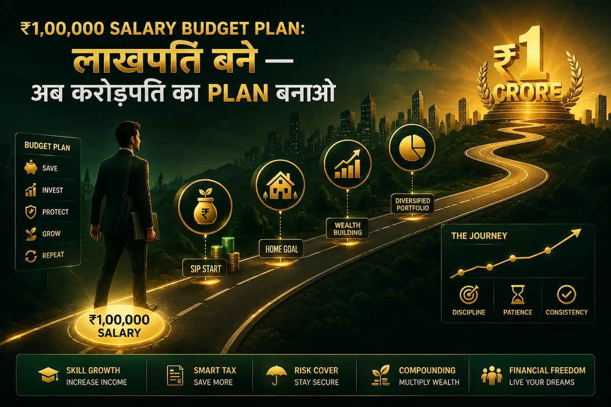₹1,00,000 salary वाले भारतीय प्रोफेशनल की करोड़पति बनने की investment journey, SIP, wealth building और financial freedom roadmap illustration