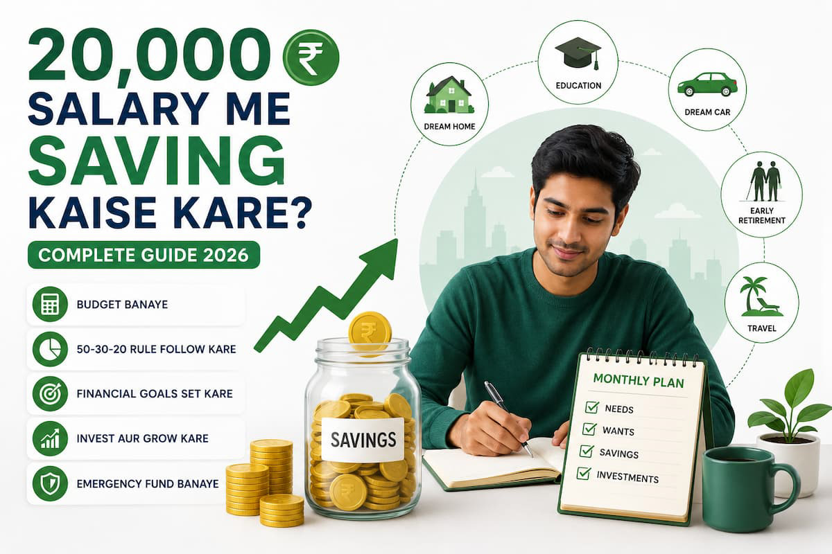 ₹20,000 salary वाले युवा Indian आदमी की savings planning illustration with budget notebook, piggy bank and financial goals