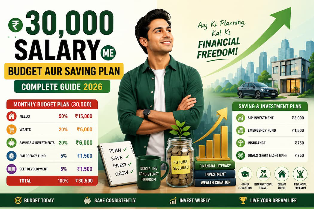 ₹30,000 salary budget and saving plan illustration showing monthly expense split, savings growth, and investment planning for Indian salaried employees