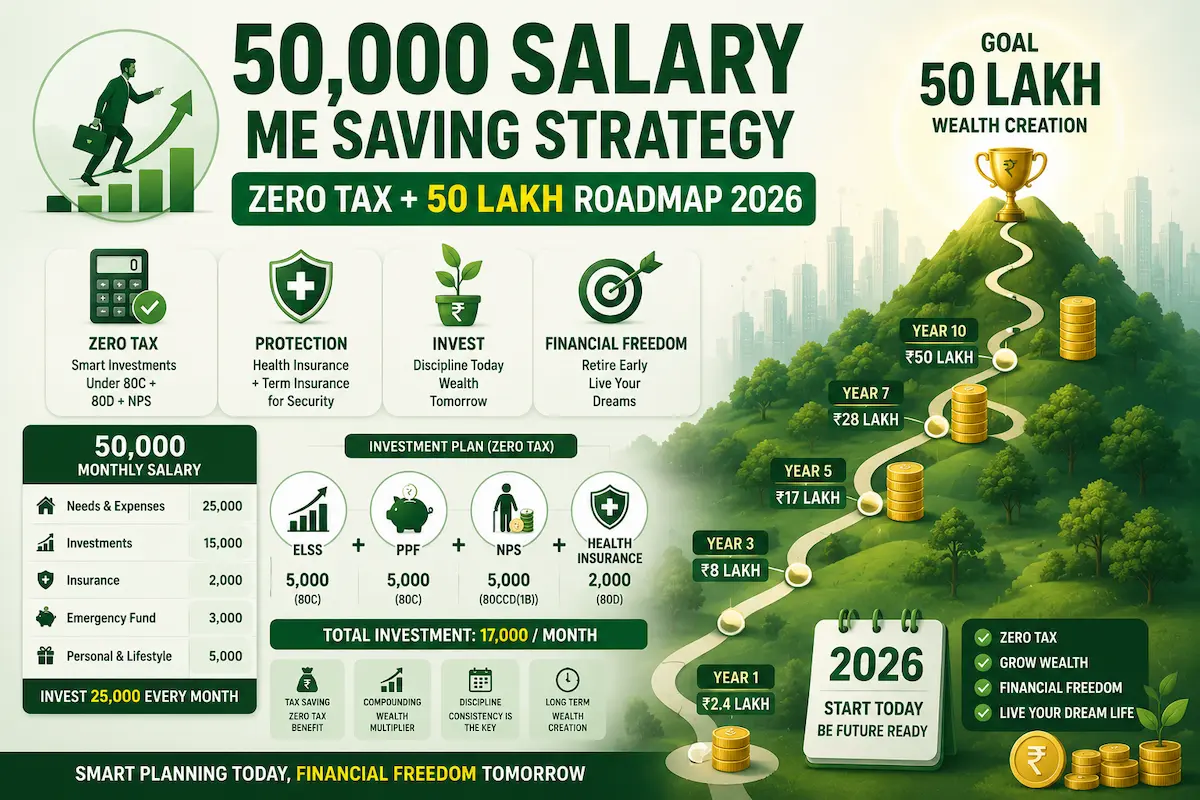 ₹50,000 salary saving strategy with zero tax planning and 50 lakh wealth creation roadmap illustration for 2026