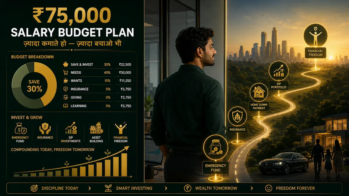 ₹75,000 salary budget plan illustration showing savings allocation, SIP investments, emergency fund, insurance, home down payment and financial freedom roadmap for Indian professionals.