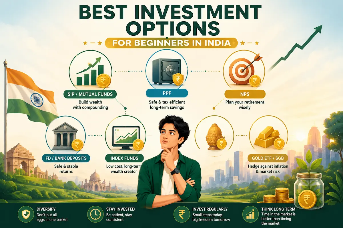Best investment options for beginners in India illustration with SIP, PPF, FD, Index Funds, NPS and Gold ETF icons